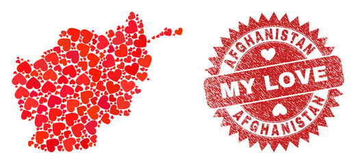 Vector collage Afghanistan map of lovely heart items and grunge My Love badge. Collage geographic Afghanistan map designed with love hearts.