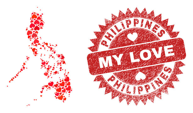 Vector collage Philippines map of love heart elements and grunge My Love seal. Mosaic geographic Philippines map designed with valentine hearts.