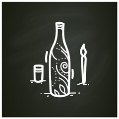 Bottle painting chalk icon. Aesthetic hobby using paint and brush. Ornamental painting on glass. Handmade conception. Isolated vector illustration on chalkboard