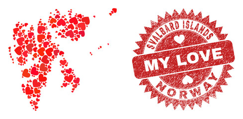 Vector collage Svalbard Islands map of love heart items and grunge My Love seal. Mosaic geographic Svalbard Islands map constructed with lovely hearts.