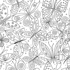 Different cartoon graphic butterflies. Seamless pattern. Coloring book for kids. Outline.