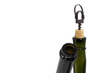 Wine bottle neck with corkscrew and wine stopper on white background as symbol of excessive alcohol...