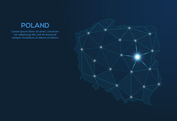 Naklejka premium Poland communication network map. Vector low poly image of a global map with lights in the form of cities. Map in the form of a constellation, mute and stars