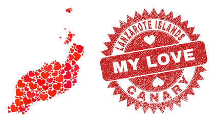 Vector collage Lanzarote Islands map of valentine heart elements and grunge My Love seal. Collage geographic Lanzarote Islands map constructed with lovely hearts.