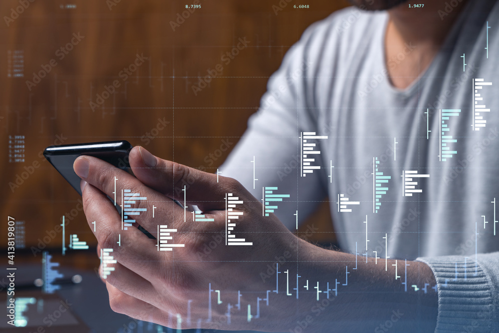 Poster trader holding in the hands a smart phone and researching stock market to proceed right investment s