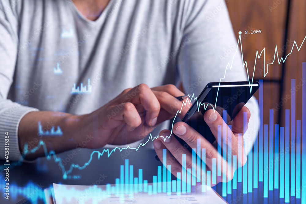 Poster trader holding in the hands a smart phone and researching stock market to proceed right investment s