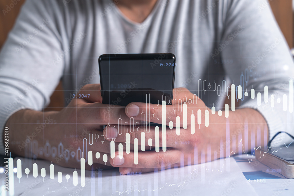 Poster trader holding in the hands a smart phone and researching stock market to proceed right investment s