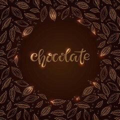 Chocolate Text isolated on brown background. Cacao beans and leaves round frame. Shiny Chocolate Quote calligraphy Lettering. For bar, cafe, restaurant menu. Sweet food doodle sketch brown colors.
