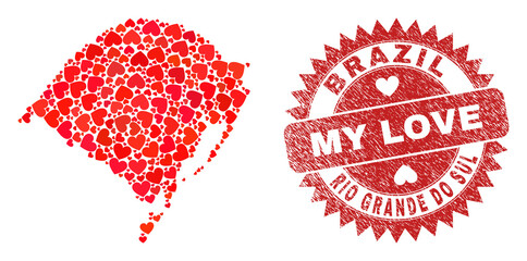 Vector mosaic Rio Grande do Sul State map of love heart items and grunge My Love seal stamp. Mosaic geographic Rio Grande do Sul State map created with lovely hearts.