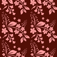 Floral seamless background. Pink branches with flowers on a cherry background.