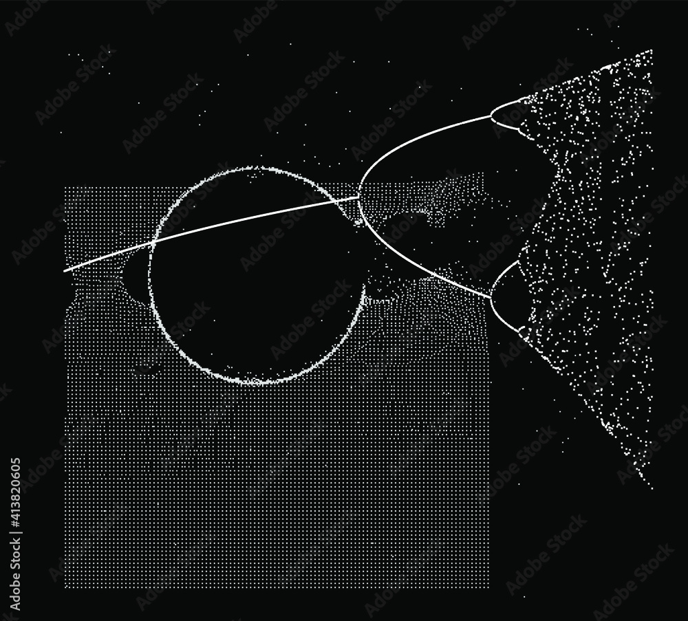 Poster composition of the grid made of dots and bifurcation diagram, one of the chaotic attractors and frac