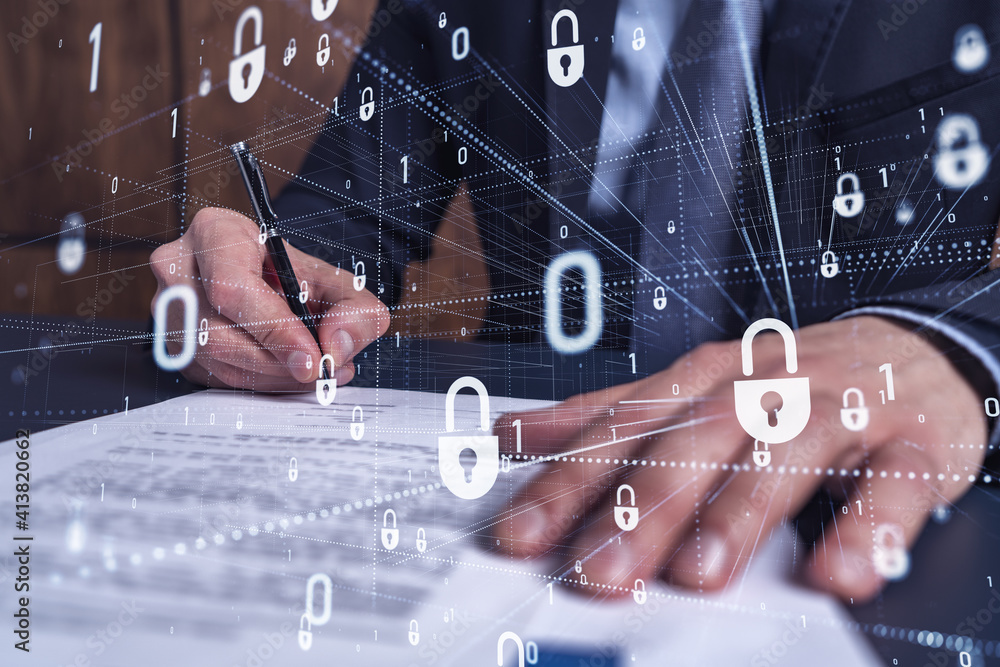 Poster a businessman in formal wear signing the contract to prevent probability of risks in cyber security.