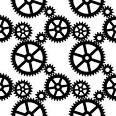 Seamless pattern with black cogwheel gear mechanism on a white background. Vector illustration.