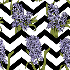 Seamless floral pattern. Violet Hyacinth flowers and leaves on a zig zag geometric background. Vector illustration.
