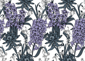Seamless floral pattern. Hyacinth, snowdrop, herbs flowers and leaves. Textile composition, hand drawn style print. Vector illustration.