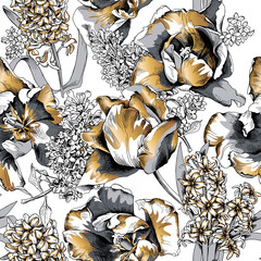 Seamless floral gold and silver pattern. Tulips, Hyacinth, Lilac flowers and leaves on a white background. Vector illustration.