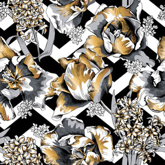 Seamless floral gold and silver pattern. Tulips, Hyacinth, Lilac flowers and leaves on a geometric zigzag background. Vector illustration.