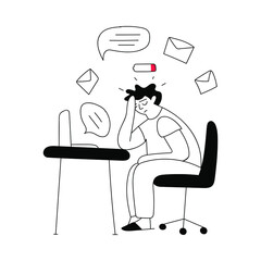 Man sitting at the desk and feel very tired. Vector outline illustration about burnout. 