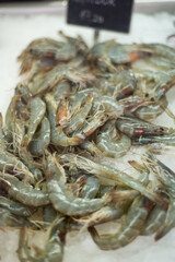 Fresh raw shrimps on ice,on displayed at Kotor farmer's market,Kotor,Montenegro.