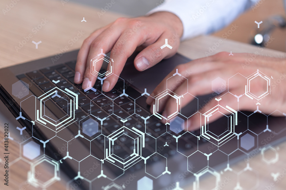 Poster hands typing the keyboard to create innovative software to change the world and provide a completely