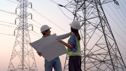 Two specialist electrical engineer working near to High voltage tower.