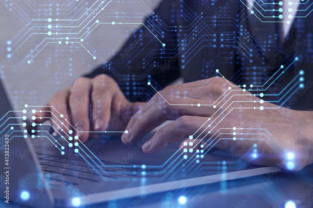 Poster hands typing the keyboard to create innovative software to change the world and provide a completely