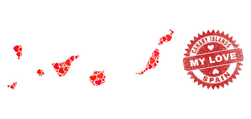 Vector mosaic Canary Islands map of love heart elements and grunge My Love stamp. Mosaic geographic Canary Islands map designed using lovely hearts.