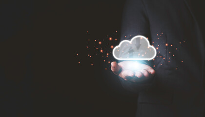 Hand holding to virtual artificial intelligence with cloud computing technology transformation and internet of thing. Cloud technology management big data include business strategy , customer service.