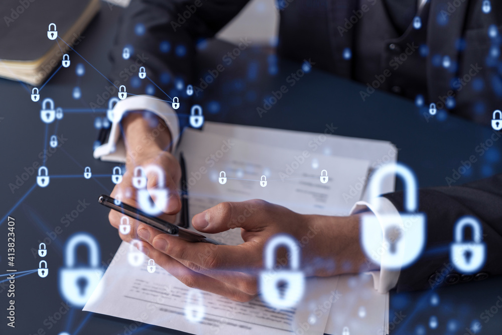 Poster a businessman in formal wear reading the contract to prevent probability of risks in cyber security 