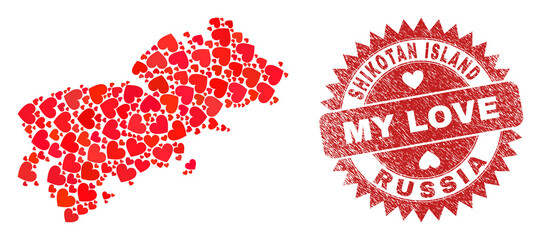 Vector mosaic Shikotan Island map of valentine heart items and grunge My Love badge. Mosaic geographic Shikotan Island map designed with valentine hearts.
