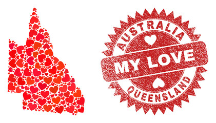 Vector collage Australian Queensland map of valentine heart items and grunge My Love badge. Collage geographic Australian Queensland map designed with valentine hearts.