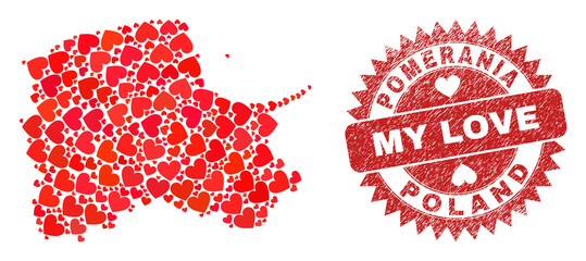 Vector mosaic Pomeranian Voivodeship map of love heart items and grunge My Love stamp. Mosaic geographic Pomeranian Voivodeship map constructed with love hearts. - obrazy, fototapety, plakaty