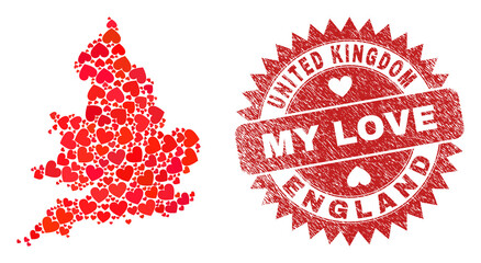 Vector collage England map of valentine heart items and grunge My Love badge. Collage geographic England map created with valentine hearts.