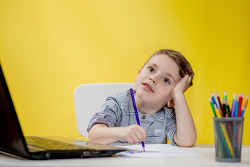 Distance learning online education. A schoolboy boy studies at home and does school homework. A home distance learning.