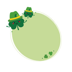 Green oval vector background with cute happy cartoon clover leaves characters for St.Patrick's Day design.