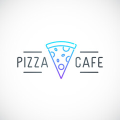 Simple emblem for Pizzeria. Line icon with slice of pizza and text. Minimalist logo for Pizza cafe. Vector illustration.