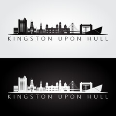 Naklejka premium Kingston Upon Hull skyline and landmarks silhouette, black and white design, vector illustration.