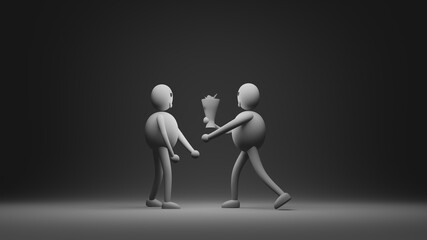3D stylish people giving a flower. 3D Illustration with spotlight and copy space