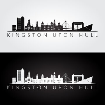 Kingston Upon Hull skyline and landmarks silhouette, black and white design, vector illustration.