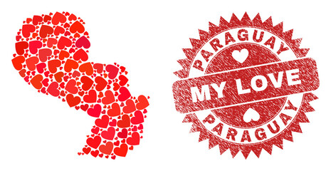 Vector mosaic Paraguay map of love heart items and grunge My Love seal. Mosaic geographic Paraguay map constructed with love hearts. Red rosette badge with corroded rubber texture and my love caption.