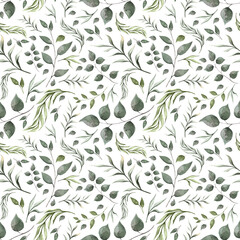 Hand drawn watercolor pattern. Spring pattern with green leaves Great for apparel, fabric, textile, wallpaper, decor, invitation cards, and more