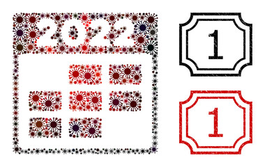 Mosaic 2022 week calendar composed of flu virus items, and grunge 1 rectangle seal stamps with notches.