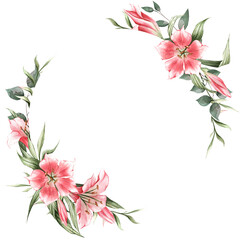 Floral background hand-drawn in watercolor. Round vignette of pink lilies and green leaves. Great for brochures, wallpapers, prints, brochures, cards, decor, designs, and more
