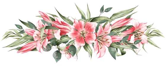  Horizontal floral arrangement of pink lilies and green leaves. Hand drawn watercolor illustration. Great for decor, stickers, textile designs, cards, invitations, logos and more © Siawi_art