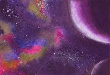 Watercolour Space Background, Planets closeup. Fantasy image with colorful watercolour space on deep light background for decoration design. International Day of Human Space Flight