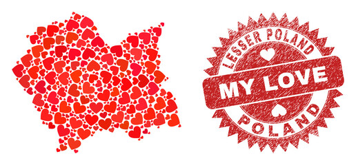 Vector mosaic Lesser Poland Voivodeship map of love heart elements and grunge My Love seal stamp. Mosaic geographic Lesser Poland Voivodeship map constructed with love hearts.