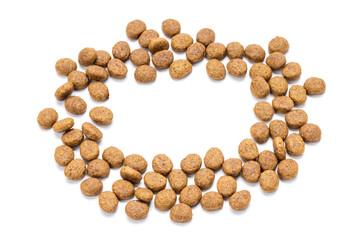 domestic animals dry food isolated on white background. dry cat feed cut out. above view
