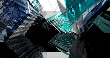 Looped visualization. Luxury abstract architectural background. Flying on a black minimalistic interior. Futuristic modern space. Stained glass sculpture. Bright lighting. 3D animation and rendering. - Powered by Adobe