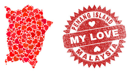 Vector mosaic Penang Island map of valentine heart items and grunge My Love seal stamp. Mosaic geographic Penang Island map created with love hearts.