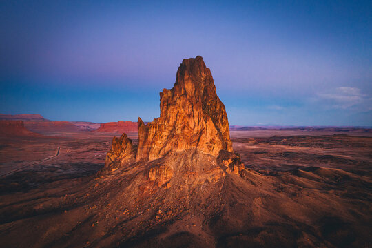 Aerial view of Agathla Peak in the morning from above, Arizona